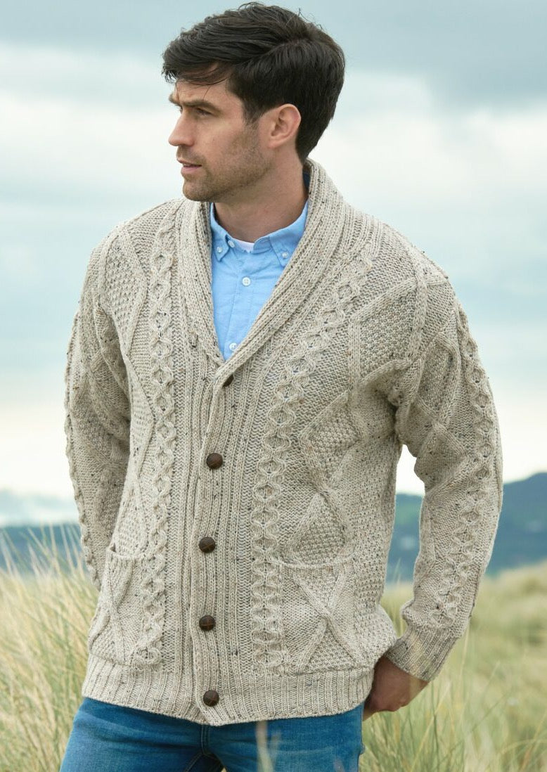 Aran Crafts Ribbed Gents Oatmeal Cardigan