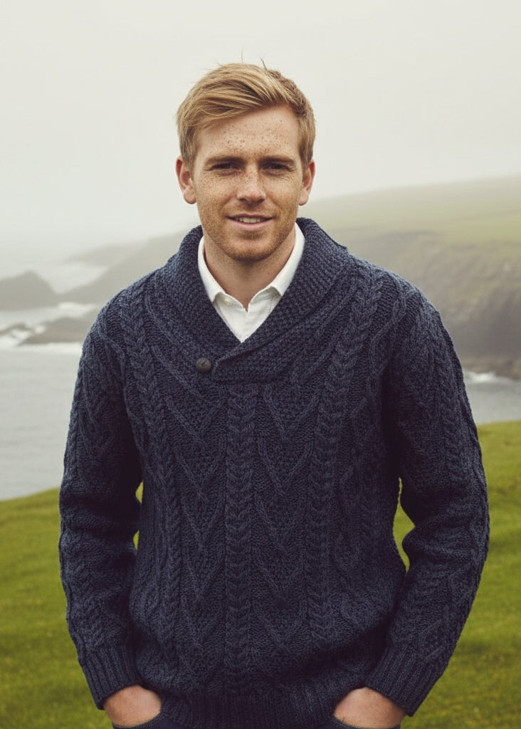 Dublin Shawl Collar Cormonant Blue Aran Sweater