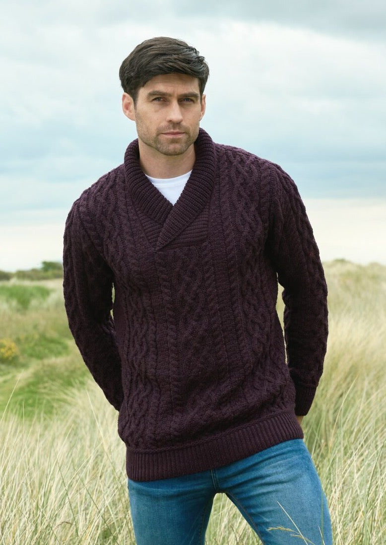 Aran Crafts Damson Shawl Collar Sweater