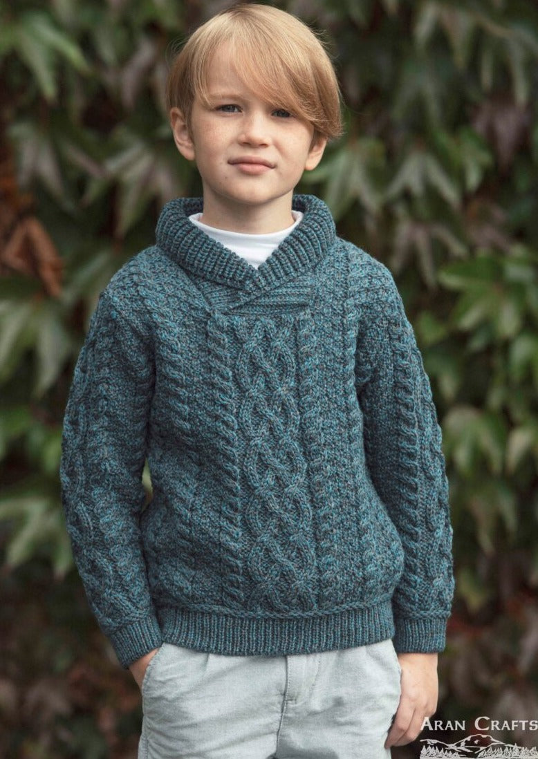 Kid's Shawl Neck Aran Sweater | Peacock