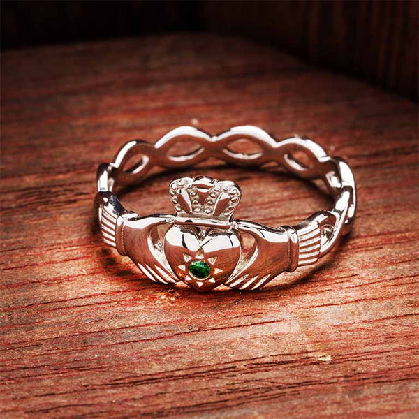 Sterling Silver Claddagh Ring with Green Cubic Zirconia
