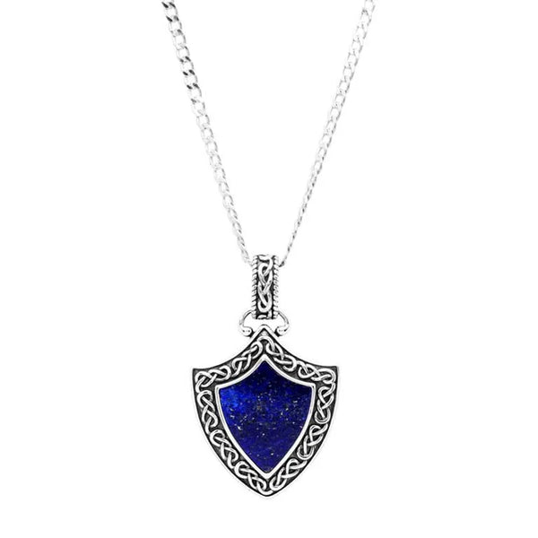 Sterling Silver Men’s Blue Lapis Celtic Knot Shield Necklace