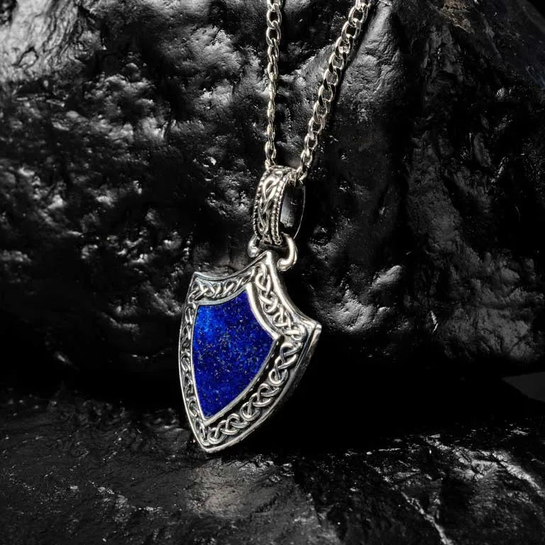 Sterling Silver Men’s Blue Lapis Celtic Knot Shield Necklace