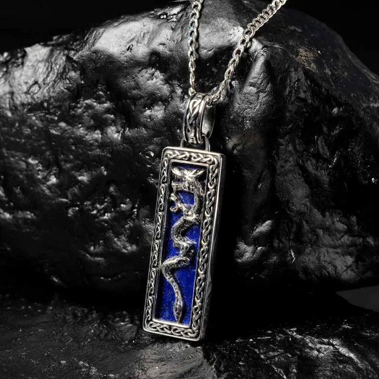 Sterling Silver Men’s Blue Lapis Dragon Necklace
