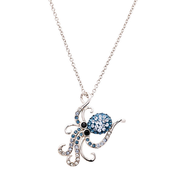 Sterling Silver Octopus Necklace with Blue Crystals