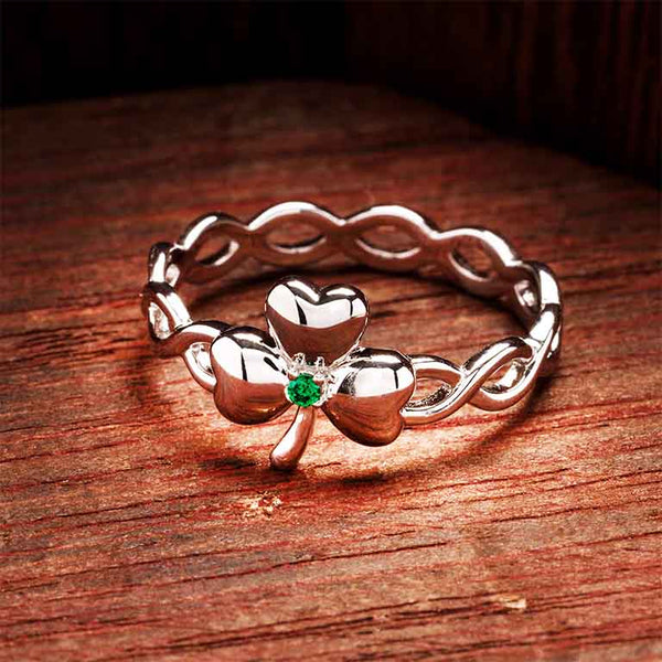 Sterling Silver Shamrock Ring with Green Cubic Zirconia