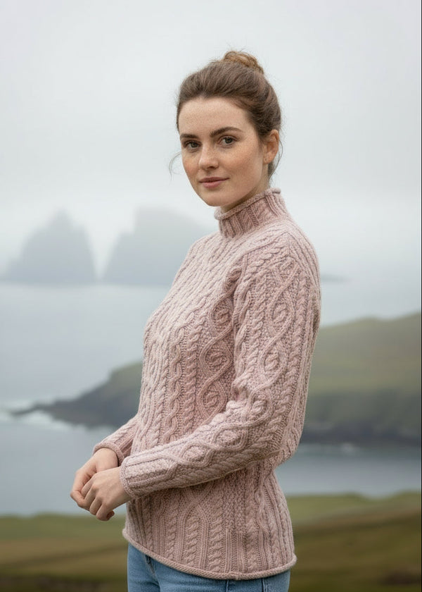 Super Soft Pink Funnel Neck Aran Sweater