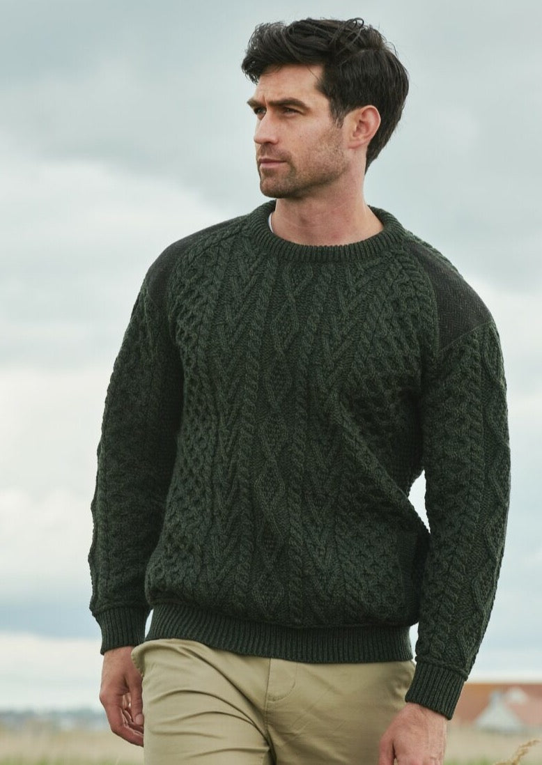 Aran Crafts Crew Neck Tweed Sweater | Green
