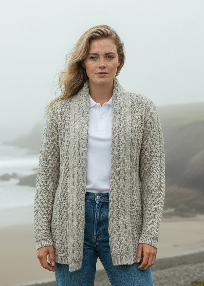 Aran Crafts Herringbone Edge to Edge Cardigan | Stone Mix