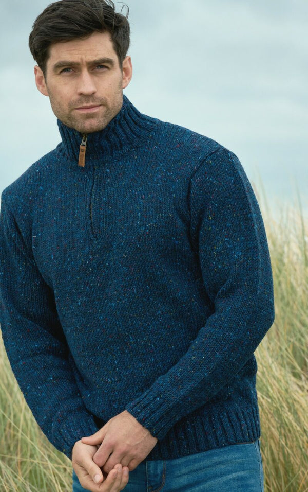 Men's Donegal Wool Blue Half Zip Sweater
