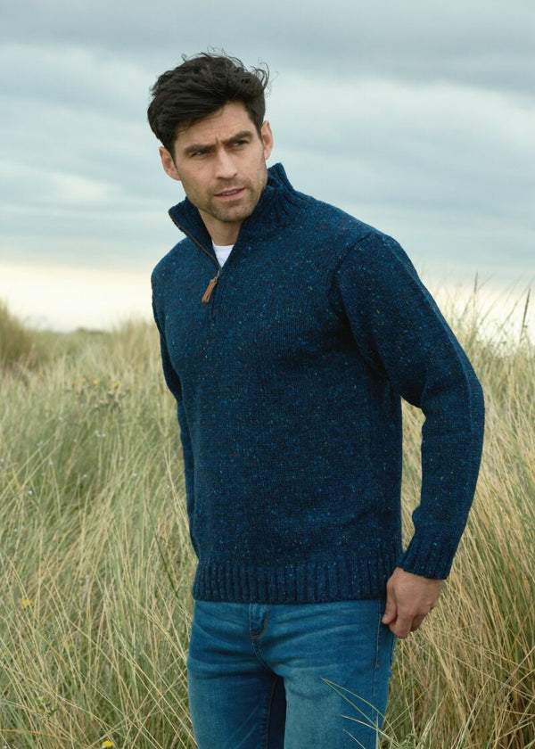 Men's Donegal Wool Blue Half Zip Sweater
