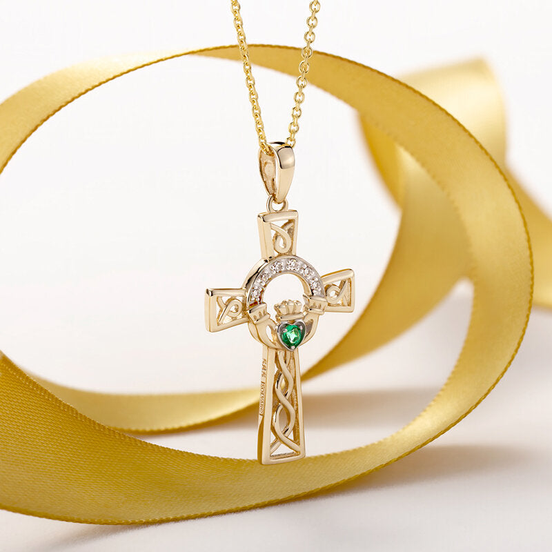 14k Gold Diamond Emerald Claddagh Pendant