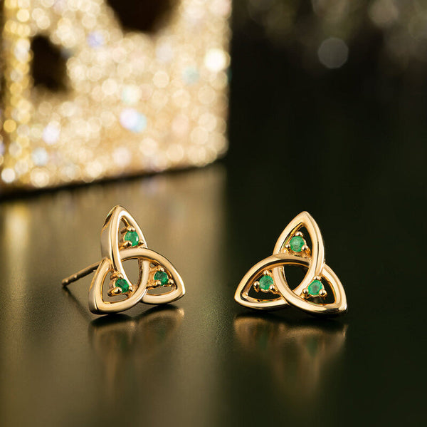 14K Gold Emerald Trinity Knot Stud Earrings