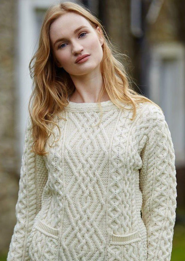 Aran Natural Crew Neck Sweater With Pockets