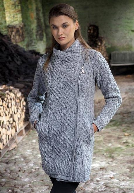 Aran Crafts Cable Knit Side Zip Grey Coat