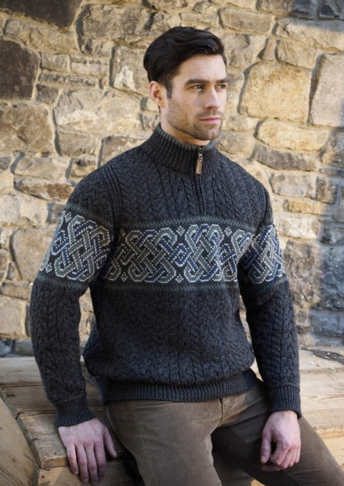 Aran Jacquard Celtic Irish Half Zip Sweater