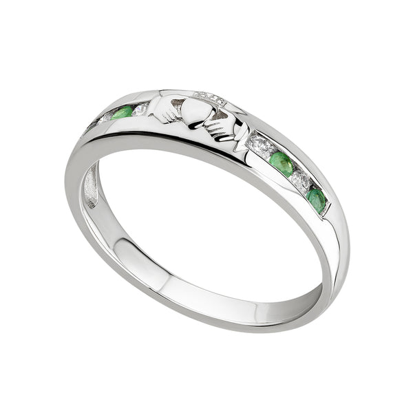 Solvar 14K White Gold Diamond & Emerald Claddagh Eternity Ring S2620