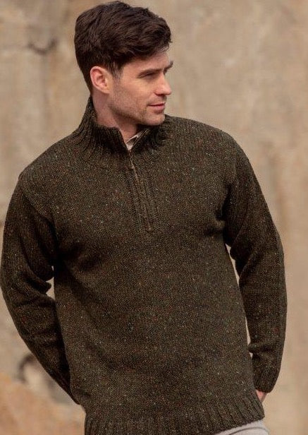 Donegal Wool Mens Half Zip Green Sweater