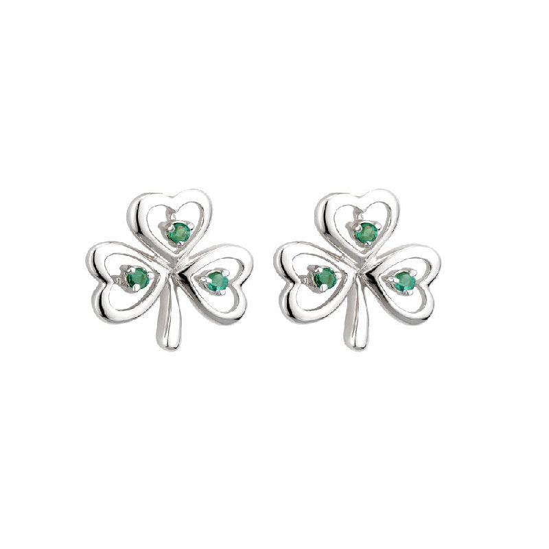 14K White Gold Emerald Shamrock Earrings
