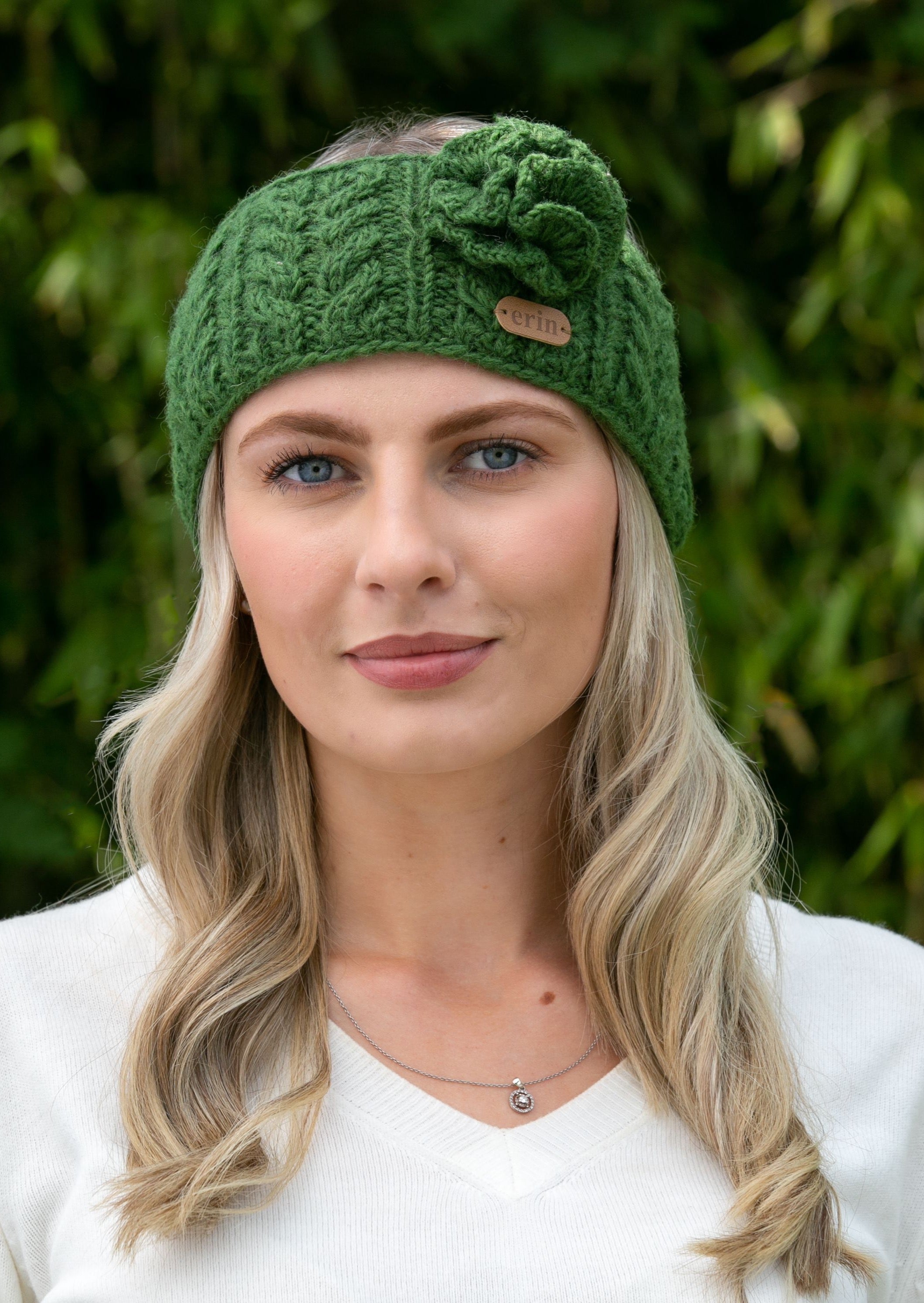 Aran Cable Knitted Green Wool Flower Headband