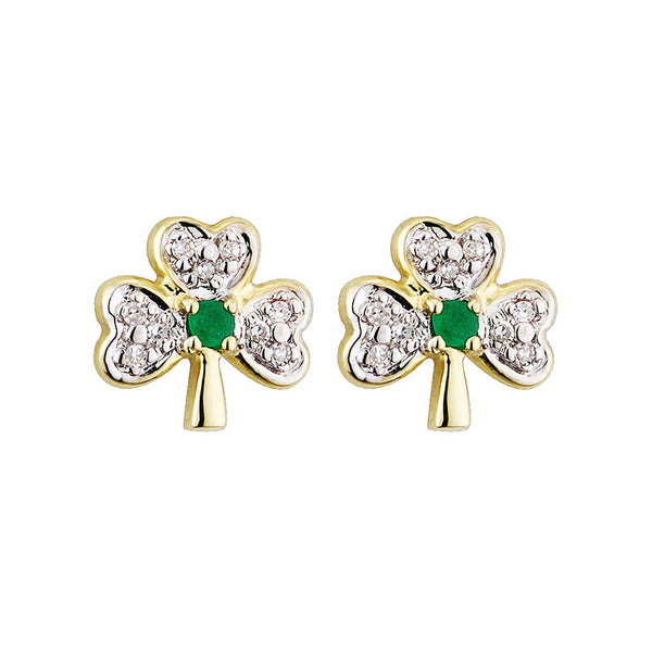 14K Gold Diamond & Emerald Shamrock Stud Earrings