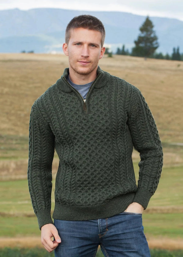 Aran Merino Wool Half Zip Sweater | Green