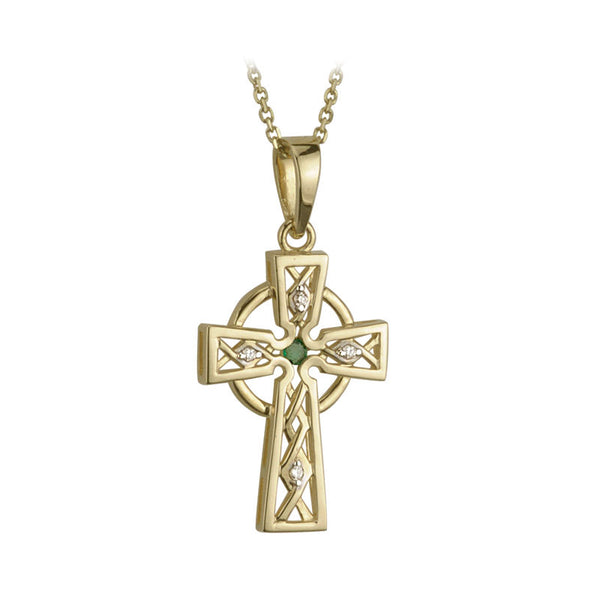 14K Gold Diamond Emerald Celtic Cross Necklace