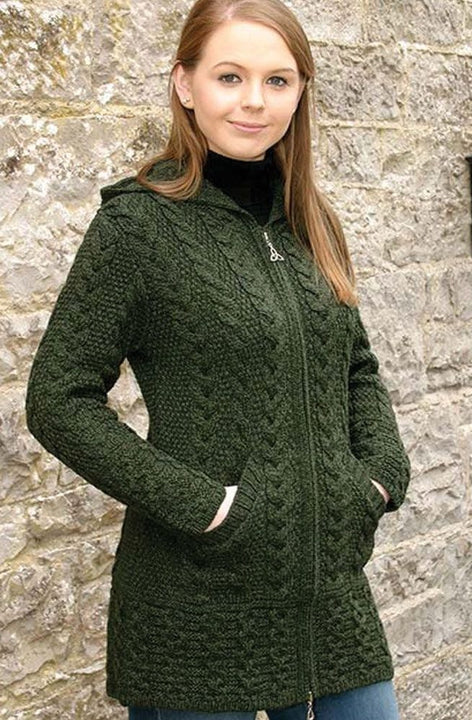 Ladies Hooded Green Aran Coat Celtic Knot Zipper | Skellig Gift Store