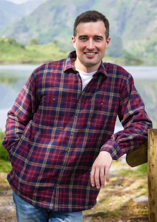 Men s Flannel Fleece Lined Shirt Maroon Navy Check