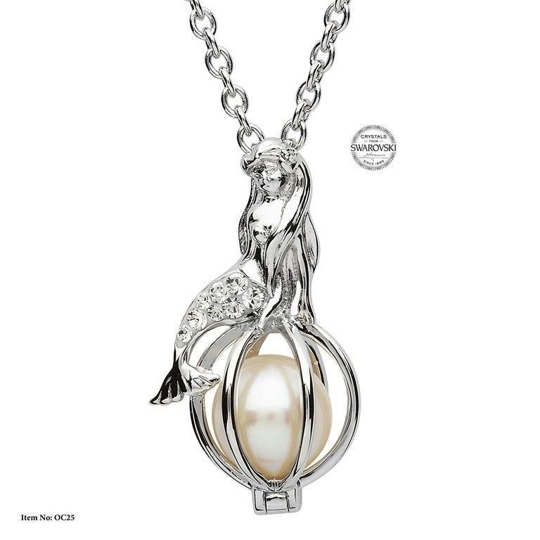 Sterling Silver Mermaid Pearl Pendant Swarovski Crystals oc25 - Skellig Gift Store