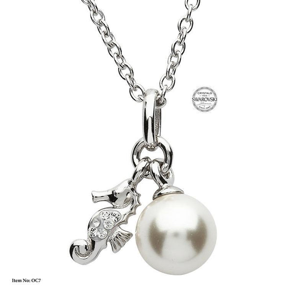 Sterling Silver Seahorse Pearl Pendant Swarovski Crystal oc7 - Skellig Gift Store
