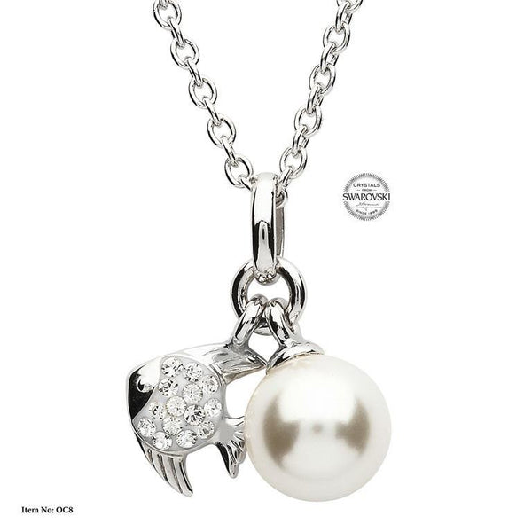 Sterling Silver Fish Pearl Pendant Swarovski Crystal oc8 - Skellig Gift Store