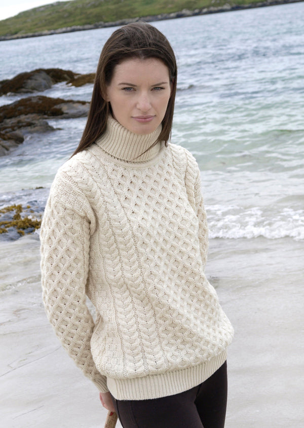 Ladies White Aran Turtle Neck Irish Sweater R2080 - Skellig Gift Store