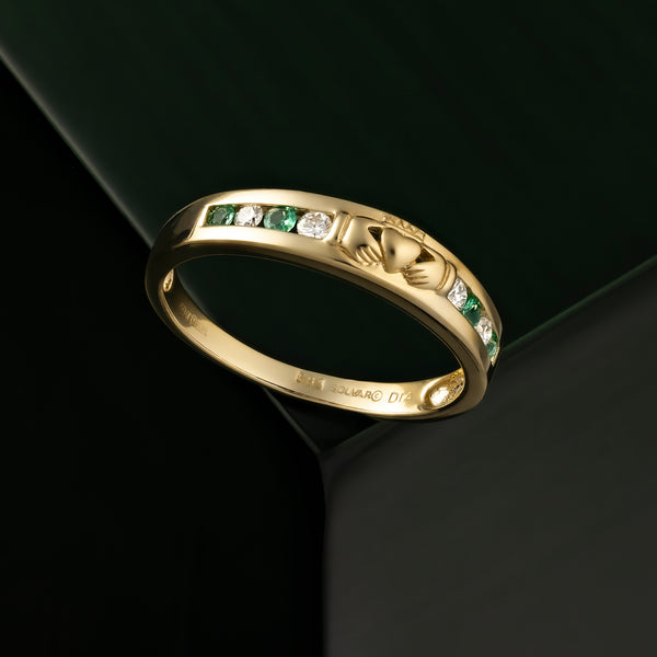 14K Gold Diamond & Emerald Claddagh Eternity Ring