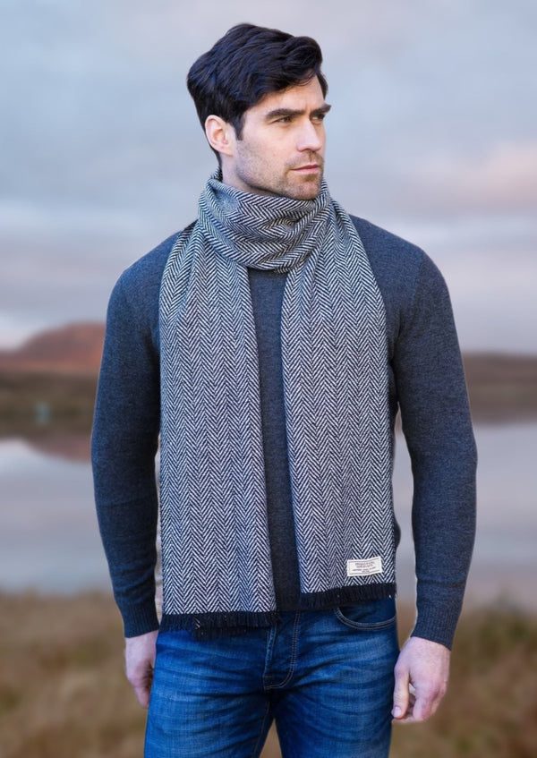 Mucros Weavers Soft Donegal Men's Tweed Scarf - Gray and Blue Herringbone