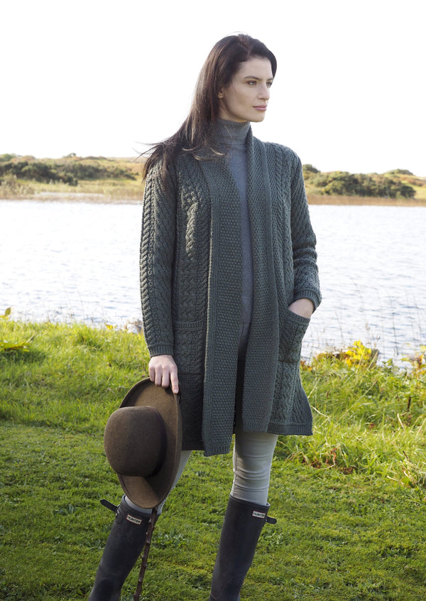 Aran Crafts Long Knitted Green Coat | Skellig Gift Store