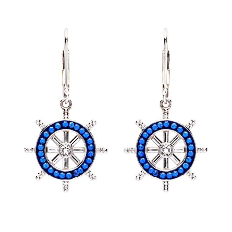 Sterling Silver Sapphire Crystal Ships Wheel Drop Earrings