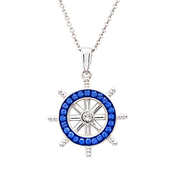 Sterling Silver Sapphire Crystal Ships Wheel Necklace