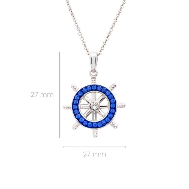 Sterling Silver Sapphire Crystal Ships Wheel Necklace