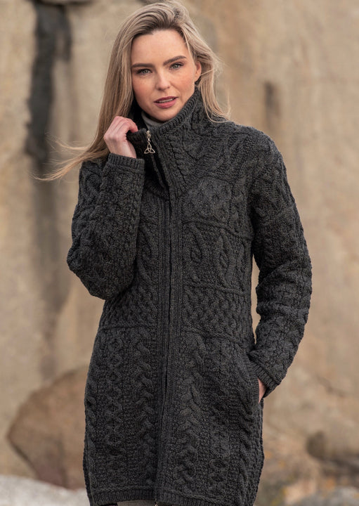 Aran Crafts Charcoal Double Collar Sweater Coat | Skellig Gift Store