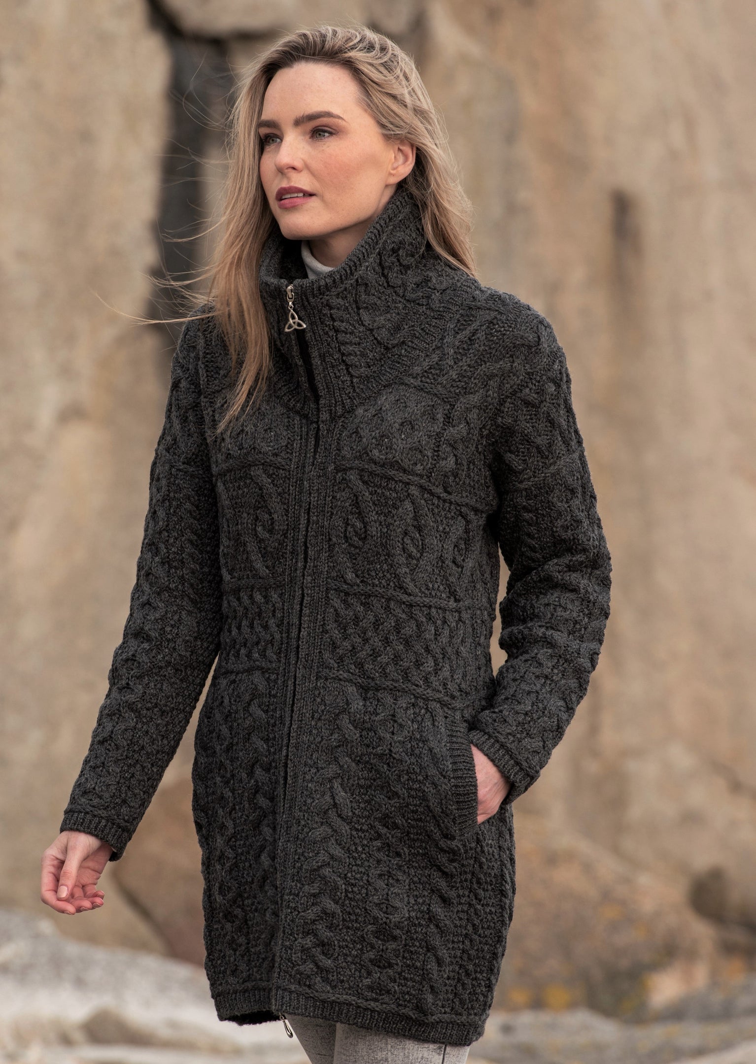 Aran Crafts Charcoal Double Collar Sweater Coat | Skellig Gift Store