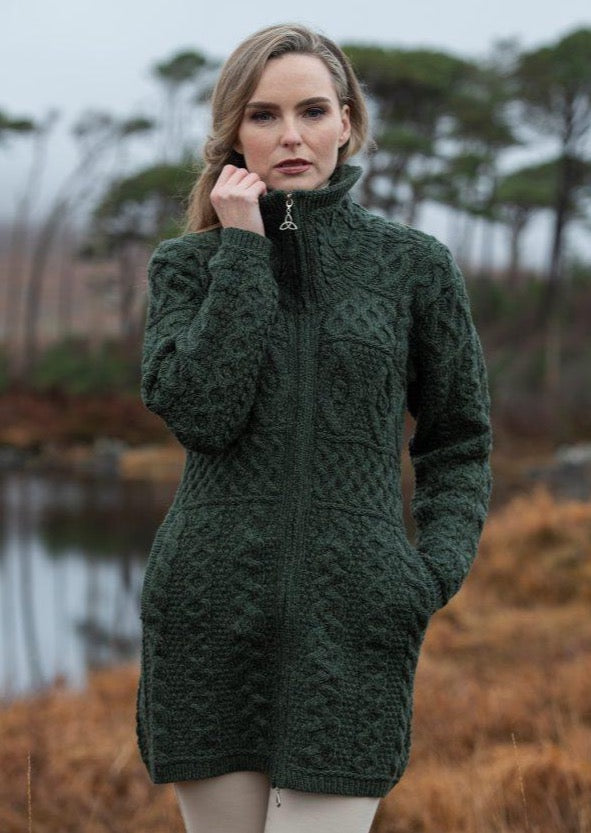 Double Collar Aran Sweater Coat Green