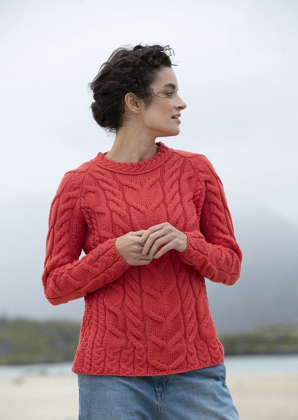 Listowel Ladies Aran Cabled Sweater - Coral